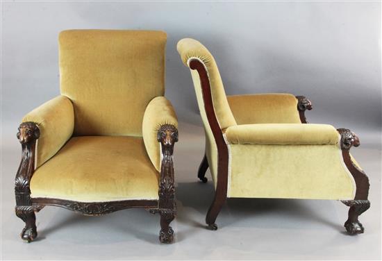 A pair of Victorian mahogany armchairs, W.2ft 6in. D.3ft H.3ft 1in.